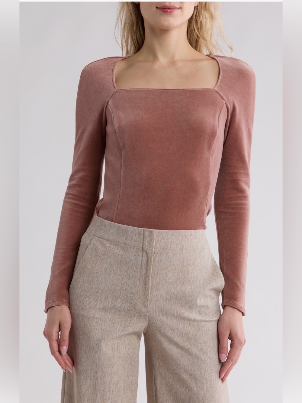 NWT Theory Long Sleeve Square Neck Velvet Top in Dusty Rose Size Petite